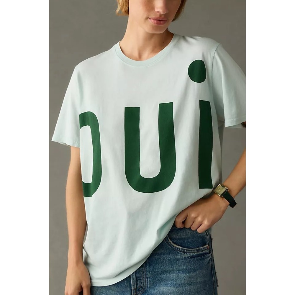 Clare V. Women Cotton Oui Original Tee Medium Light Blue Green Graphic T-Shirt